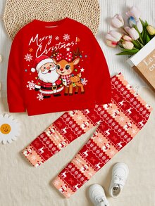 女童休閒聖誕可愛卡通聖誕老人、馴鹿、雪花圖案，費爾島條紋，節慶聖誕紅圓領抓絨內裡長袖衛衣與內搭褲2件套，適合秋冬精靈風，舒適好穿 - 彩色 - 查看 2
