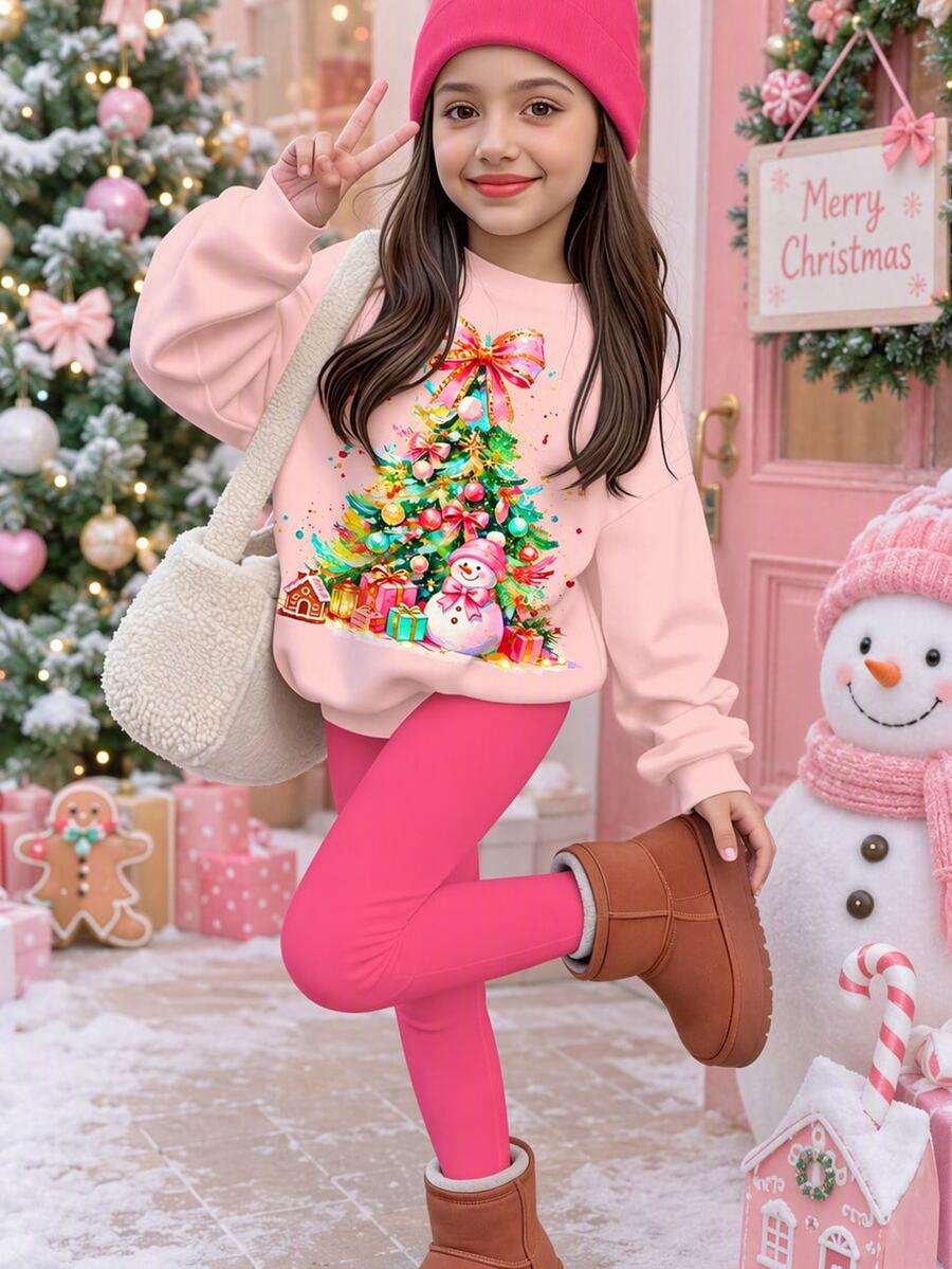 聖誕快樂,少女可愛彩色聖誕樹與雪人圖案,奶油粉色,節慶柔軟厚實圓領長袖衛衣與內搭褲套裝,適合秋冬,可愛舒適 - 彩色 - 查看 1