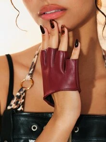 Glisma 1 Pair Fashionable Wine Red Fingerless PU Leather Gloves Summer - Burgundy - View 8