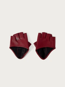 Glisma 1 Pair Fashionable Wine Red Fingerless PU Leather Gloves Summer - Burgundy - View 5