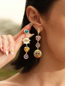 Glisma 1 Pair Women's Earrings, Crafted With Elegant Gold-Tone Metal, Featuring Multicolor Gemstones And Classic Devil's Eye Design Accented With Sparkling Rhinestones For A Luxurious Look - Gold - View 1