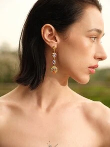 Glisma 1 Pair Women's Earrings, Crafted With Elegant Gold-Tone Metal, Featuring Multicolor Gemstones And Classic Devil's Eye Design Accented With Sparkling Rhinestones For A Luxurious Look - Gold - View 5