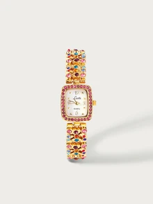 Glisma 1pc French Fashionable Elegant Women's Colorful Rhinestone Gemstones Embedded Watch, Water Resistant To 30 Meters, Square Quartz Wristwatch With Mother-Of-Pearl Dial, Suitable For Daily Wear, Casual Gathering And Wrist Decoration - Gold - View 1