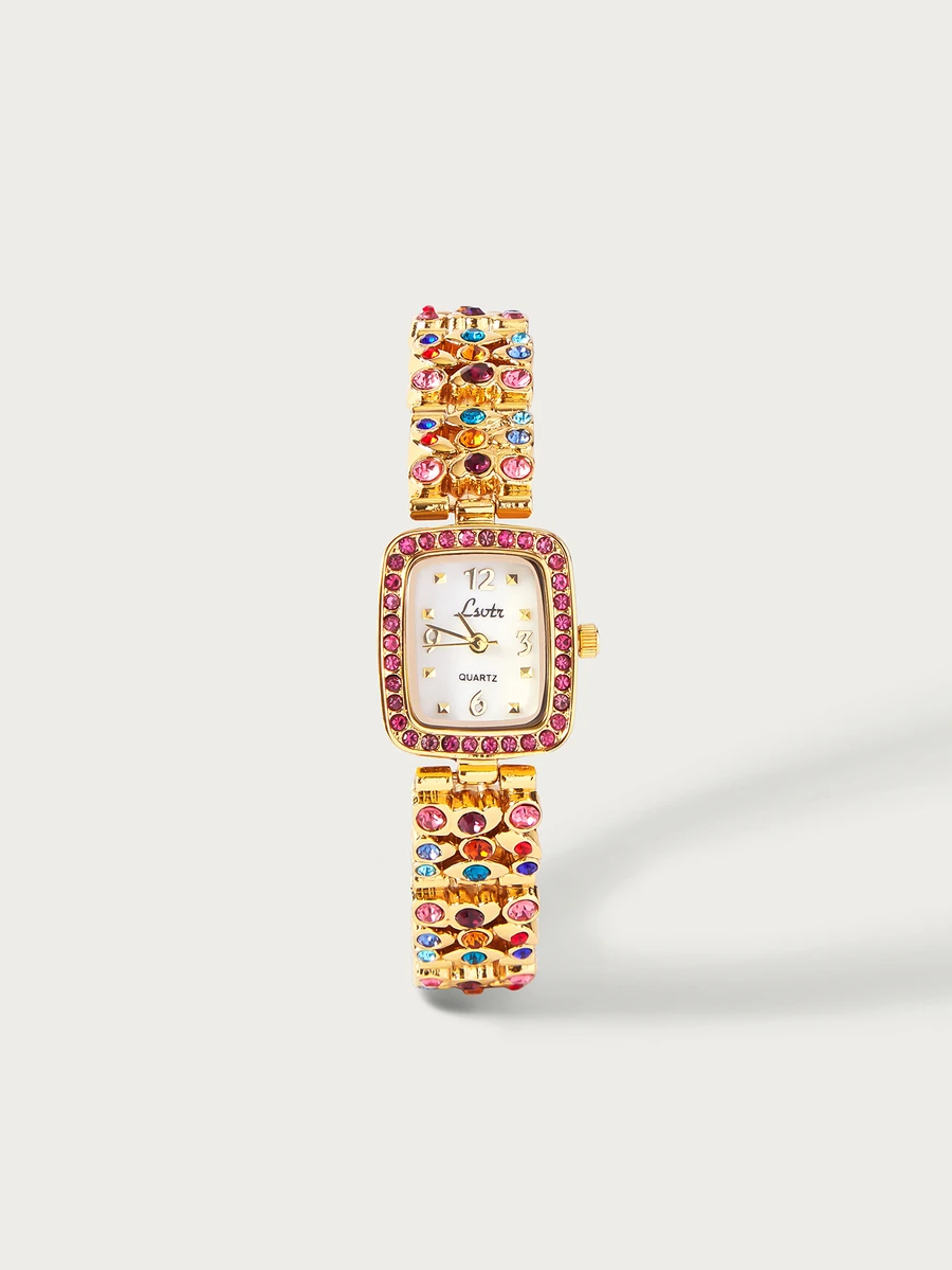 Glisma 1pc French Fashionable Elegant Women's Colorful Rhinestone Gemstones Embedded Watch, Water Resistant To 30 Meters, Square Quartz Wristwatch With Mother-Of-Pearl Dial, Suitable For Daily Wear, Casual Gathering And Wrist Decoration - Gold - View 1