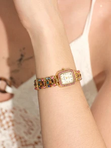 Glisma 1pc French Fashionable Elegant Women's Colorful Rhinestone Gemstones Embedded Watch, Water Resistant To 30 Meters, Square Quartz Wristwatch With Mother-Of-Pearl Dial, Suitable For Daily Wear, Casual Gathering And Wrist Decoration - Gold - View 2