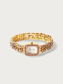 Glisma 1pc French Fashionable Elegant Women's Colorful Rhinestone Gemstones Embedded Watch, Water Resistant To 30 Meters, Square Quartz Wristwatch With Mother-Of-Pearl Dial, Suitable For Daily Wear, Casual Gathering And Wrist Decoration - Gold - View 3