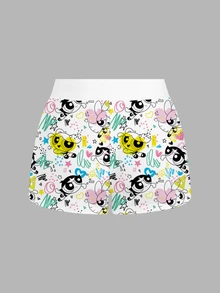 THE POWERPUFF GIRLS X SHEIN SHEIN ICON 女款羅紋卡通印花休閒Y2K可愛短褲，適合外出、街頭、機場、日常、海灘、居家穿著，白色夏季款 - 彩色 - 查看 2
