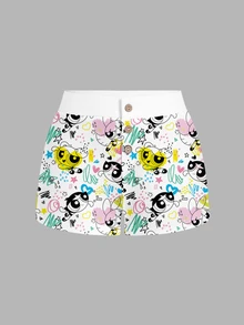 THE POWERPUFF GIRLS X SHEIN SHEIN ICON 女款羅紋卡通印花休閒Y2K可愛短褲，適合外出、街頭、機場、日常、海灘、居家穿著，白色夏季款 - 彩色 - 查看 5