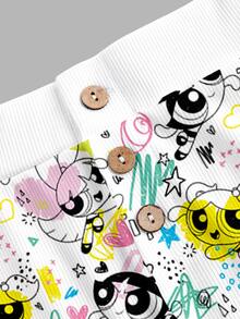 THE POWERPUFF GIRLS X SHEIN SHEIN ICON 女款羅紋卡通印花休閒Y2K可愛短褲，適合外出、街頭、機場、日常、海灘、居家穿著，白色夏季款 - 彩色 - 查看 3