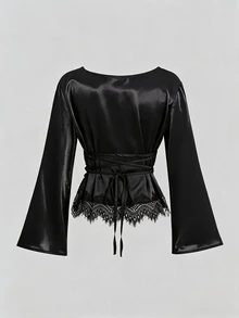 Sweetra Women's Elegant Eyelash Lace Patchwork Satin Shirt Solid Color Slimming Commuting Top - Black - View 2