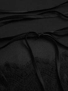 Sweetra Women's Elegant Eyelash Lace Patchwork Satin Shirt Solid Color Slimming Commuting Top - Black - View 7