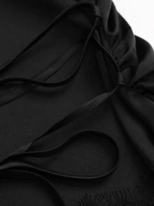 Sweetra Women's Elegant Eyelash Lace Patchwork Satin Shirt Solid Color Slimming Commuting Top - Black - View 4
