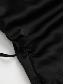 Sweetra Women's Elegant Eyelash Lace Patchwork Satin Shirt Solid Color Slimming Commuting Top - Black - View 8