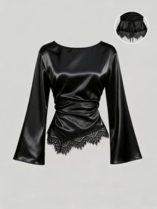 Sweetra Women's Elegant Eyelash Lace Patchwork Satin Shirt Solid Color Slimming Commuting Top - Black - View 1