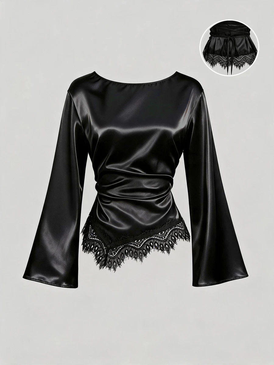 Sweetra Women's Elegant Eyelash Lace Patchwork Satin Shirt Solid Color Slimming Commuting Top - Black - View 1