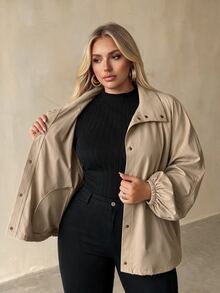 Auralis Plus Size Khaki Stand Collar Front 4-Button Loose Casual Cargo Baggy Daily Outing Commute Women's Autumn/Winter Long Sleeve Trench Coat Fall Office - Khaki - View 8