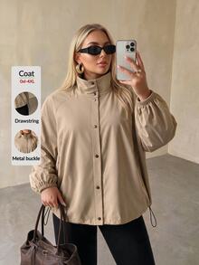 Auralis Plus Size Khaki Stand Collar Front 4-Button Loose Casual Cargo Baggy Daily Outing Commute Women's Autumn/Winter Long Sleeve Trench Coat Fall Office - Khaki - View 3