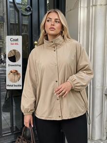 Auralis Plus Size Khaki Stand Collar Front 4-Button Loose Casual Cargo Baggy Daily Outing Commute Women's Autumn/Winter Long Sleeve Trench Coat Fall Office - Khaki - View 6