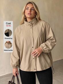 Auralis Plus Size Khaki Stand Collar Front 4-Button Loose Casual Cargo Baggy Daily Outing Commute Women's Autumn/Winter Long Sleeve Trench Coat Fall Office - Khaki - View 2