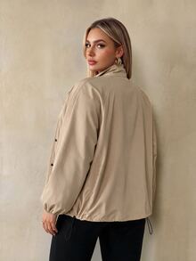 Auralis Plus Size Khaki Stand Collar Front 4-Button Loose Casual Cargo Baggy Daily Outing Commute Women's Autumn/Winter Long Sleeve Trench Coat Fall Office - Khaki - View 4