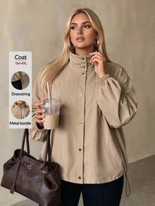 Auralis Plus Size Khaki Stand Collar Front 4-Button Loose Casual Cargo Baggy Daily Outing Commute Women's Autumn/Winter Long Sleeve Trench Coat Fall Office - Khaki - View 5
