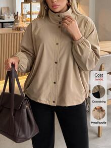 Auralis Plus Size Khaki Stand Collar Front 4-Button Loose Casual Cargo Baggy Daily Outing Commute Women's Autumn/Winter Long Sleeve Trench Coat Fall Office - Khaki - View 7
