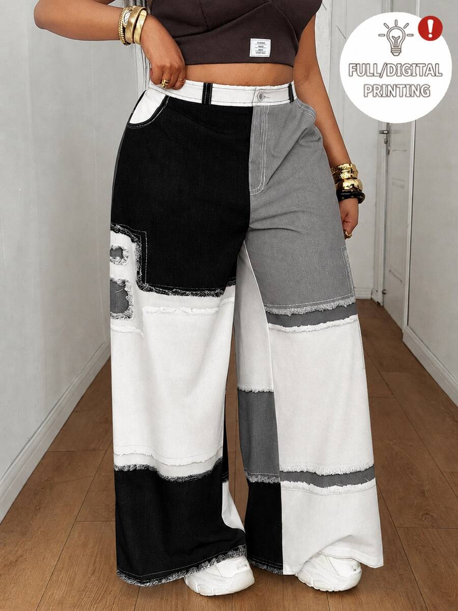 Maweii Summer Colorblock Woven Digital Patchwork Casual Loose Straight Leg Cargo Pants Fall - Black and White - View 1
