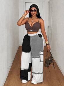 Maweii Summer Colorblock Woven Digital Patchwork Casual Loose Straight Leg Cargo Pants Fall - Black and White - View 6
