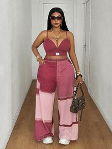 Maweii Summer Colorblock Woven Digital Patchwork Casual Loose Straight Leg Cargo Pants Fall - Pink - View 3