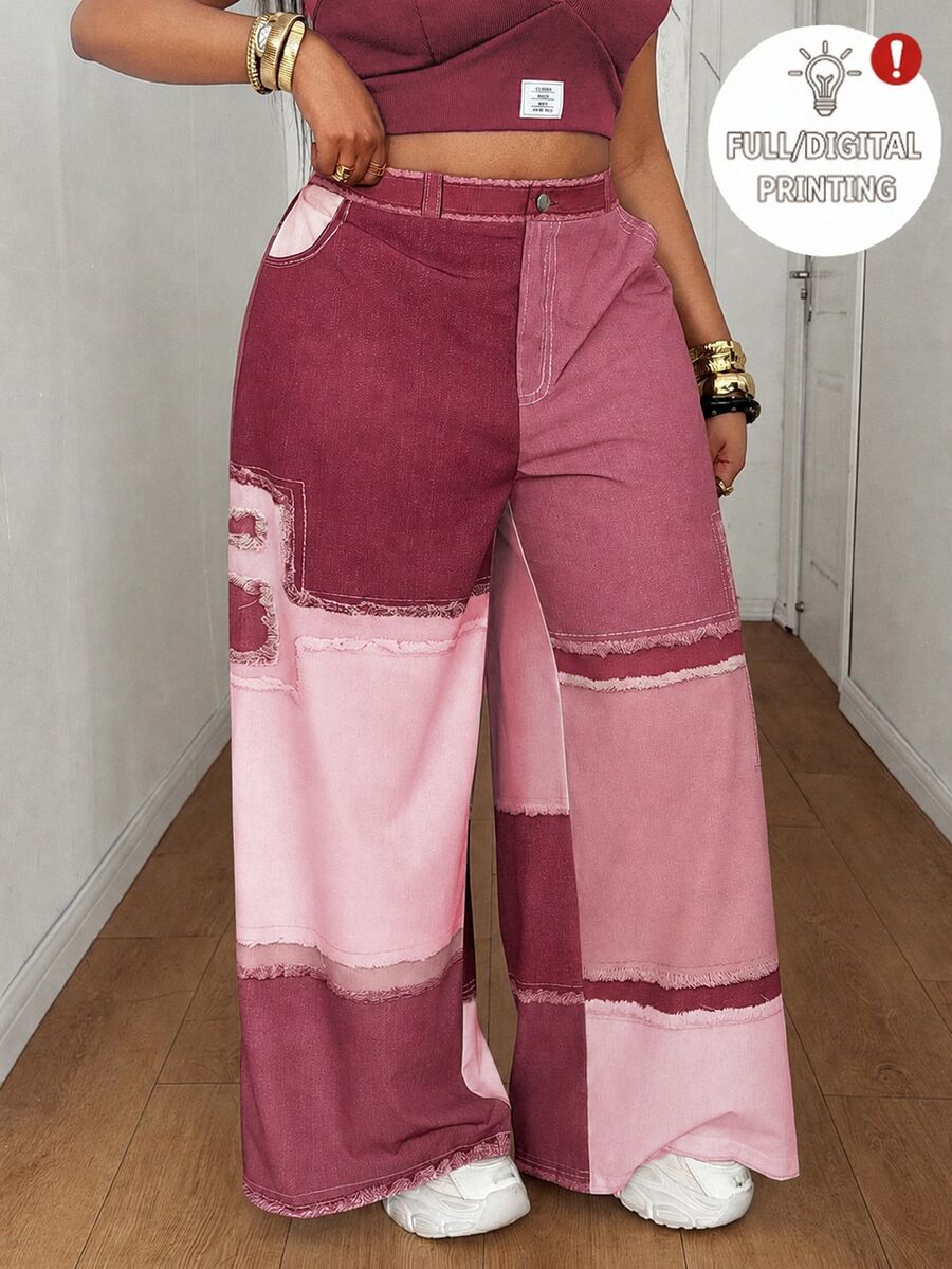 Maweii Summer Colorblock Woven Digital Patchwork Casual Loose Straight Leg Cargo Pants Fall - Pink - View 1