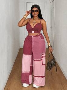 Maweii Summer Colorblock Woven Digital Patchwork Casual Loose Straight Leg Cargo Pants Fall - Pink - View 6