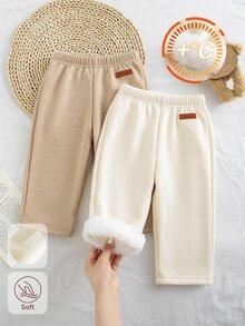 嬰兒與幼童女嬰加厚抓絨休閒長褲，秋冬款彈性腰頭皮革拼接柔軟直筒長褲，百搭嬰兒長褲 - 彩色 - 查看 4