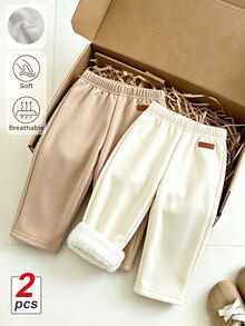 嬰兒與幼童女嬰加厚抓絨休閒長褲，秋冬款彈性腰頭皮革拼接柔軟直筒長褲，百搭嬰兒長褲 - 彩色 - 查看 2