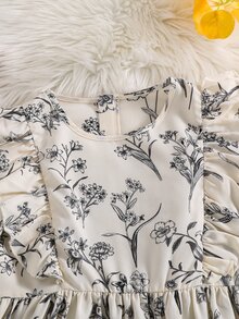 SHEIN 青少年女孩編織碎花圓領荷葉邊下擺休閒洋裝 - 黑與白 - 查看 6