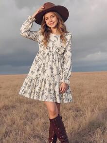 SHEIN 青少年女孩編織碎花圓領荷葉邊下擺休閒洋裝 - 黑與白 - 查看 2