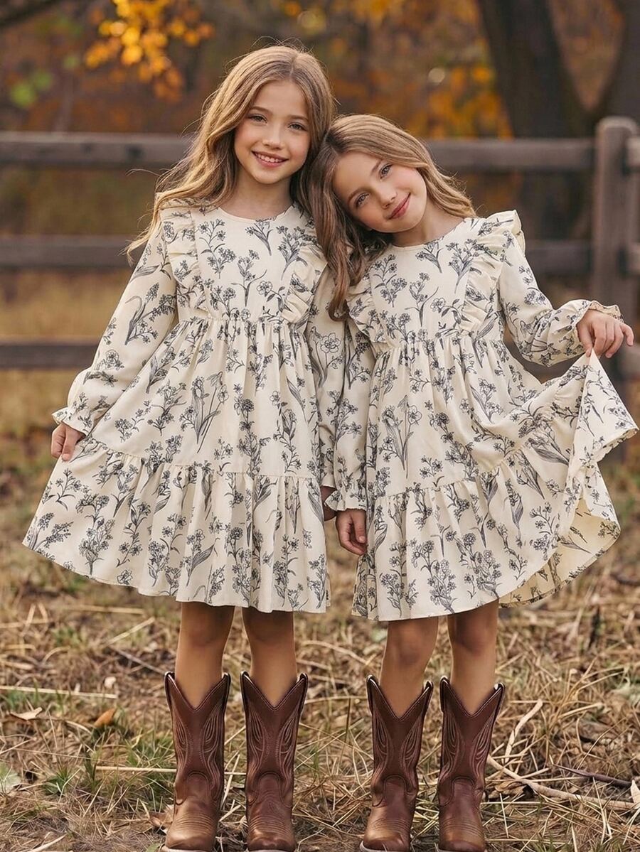 SHEIN Tween Girl Woven Ditsy Floral Round Neck Ruffle Hem Casual Dress - Black and White - View 1