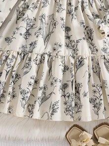 SHEIN 青少年女孩編織碎花圓領荷葉邊下擺休閒洋裝 - 黑與白 - 查看 8
