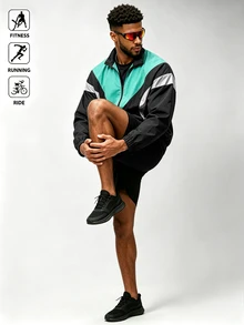 Acti Log Men's Patchwork Stand Collar Black Multi-Color Zipper Front Jacket,Autumn Smart Sporty Vacation Versatile Athletic Gym Fitness Workout Activewear - Black - View 4