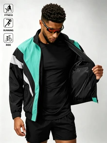 Acti Log Men's Patchwork Stand Collar Black Multi-Color Zipper Front Jacket,Autumn Smart Sporty Vacation Versatile Athletic Gym Fitness Workout Activewear - Black - View 5