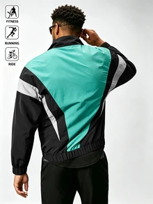 Acti Log Men's Patchwork Stand Collar Black Multi-Color Zipper Front Jacket,Autumn Smart Sporty Vacation Versatile Athletic Gym Fitness Workout Activewear - Black - View 2