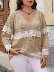 EMERY ROSE Sweater Lengan Panjang Kasual Wanita Ukuran Besar dengan Leher V dan Patchwork Renda untuk Sehari-hari - Khaki - View 6