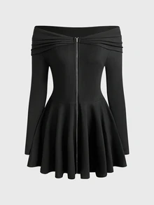 valorelle valorelle Women's Autumn Black Versatile Fashion Zipper Cold Shoulder Long Sleeve Short Dress - Black - View 6
