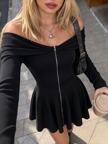 valorelle valorelle Women's Autumn Black Versatile Fashion Zipper Cold Shoulder Long Sleeve Short Dress - Black - View 1