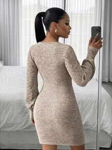 SHEIN Lady CURVE Plus Size Women's V-Neck Long Sleeve Casual Knit Dress - Brown - View 2