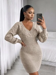 SHEIN Lady CURVE Plus Size Women's V-Neck Long Sleeve Casual Knit Dress - Brown - View 3