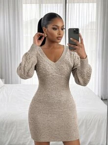 SHEIN Lady CURVE Plus Size Women's V-Neck Long Sleeve Casual Knit Dress - Brown - View 5