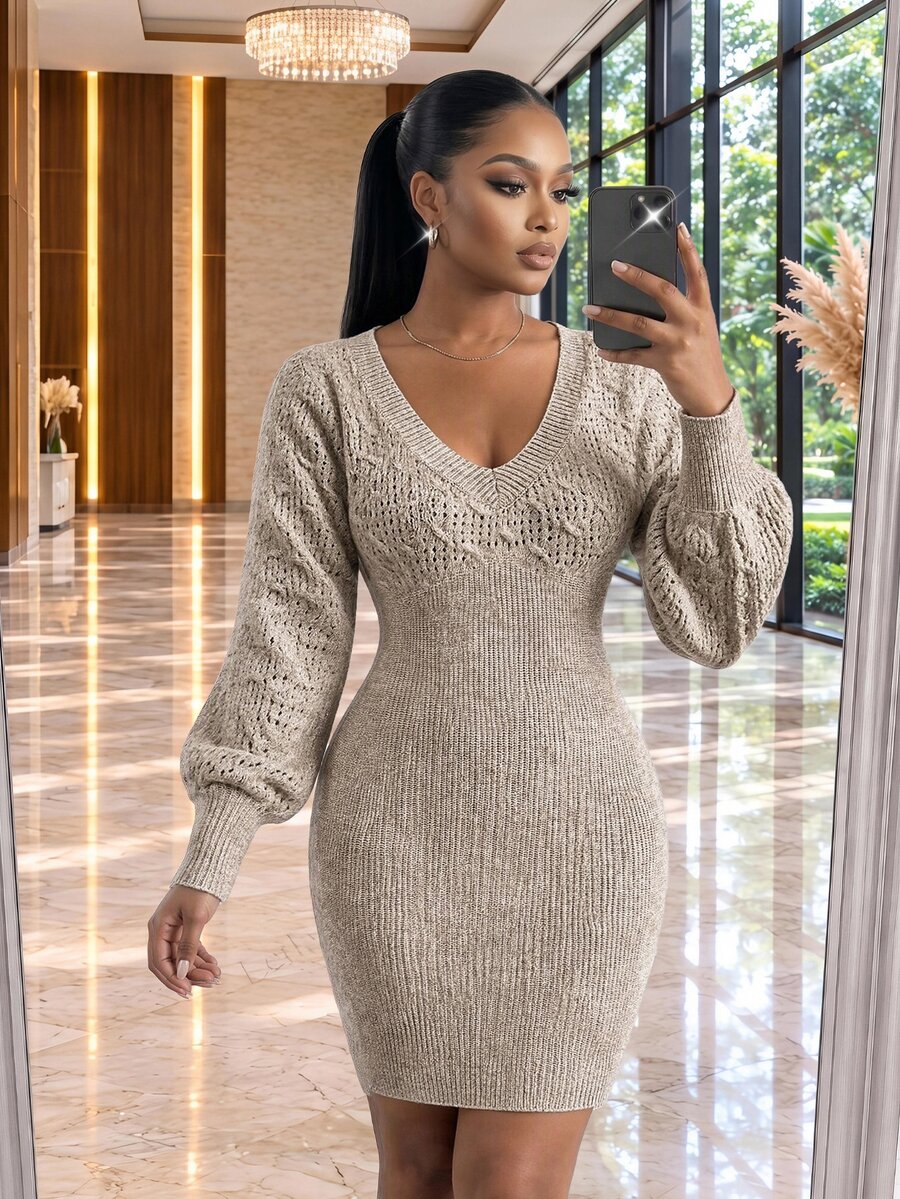 SHEIN Lady CURVE Plus Size Women's V-Neck Long Sleeve Casual Knit Dress - Brown - View 1