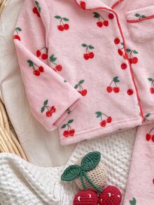 SHEIN 可愛粉色毛絨女嬰幼兒圖案家居服套裝 - 粉色 - 查看 4