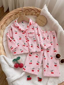SHEIN 可愛粉色毛絨女嬰幼兒圖案家居服套裝 - 粉色 - 查看 6