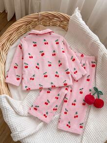 SHEIN 可愛粉色毛絨女嬰幼兒圖案家居服套裝 - 粉色 - 查看 8